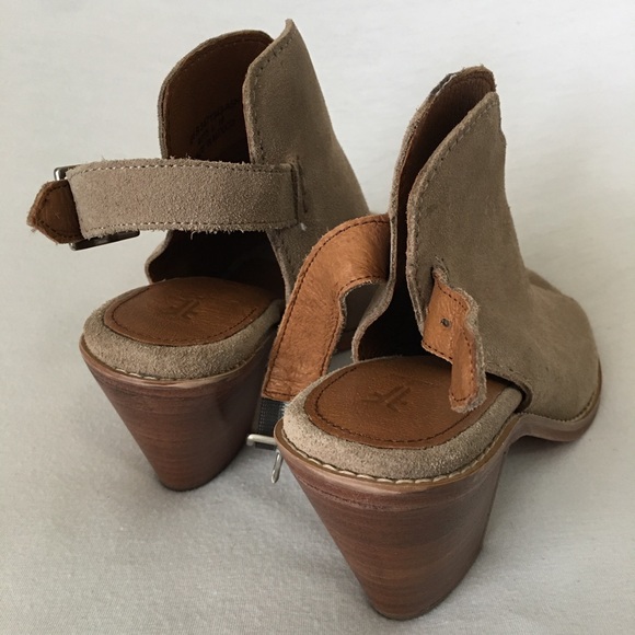 FRYE Dani Shield Sling Back Sandal Heels Open toe Wood wmn 6.5 black Or tan New - Picture 13 of 15